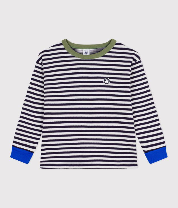 T-shirt a maniche lunghe in cotone a righe bambino blu/ecru