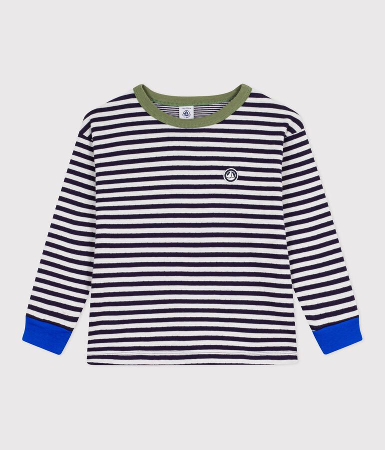 T-shirt a maniche lunghe in cotone a righe bambino blu/ecru