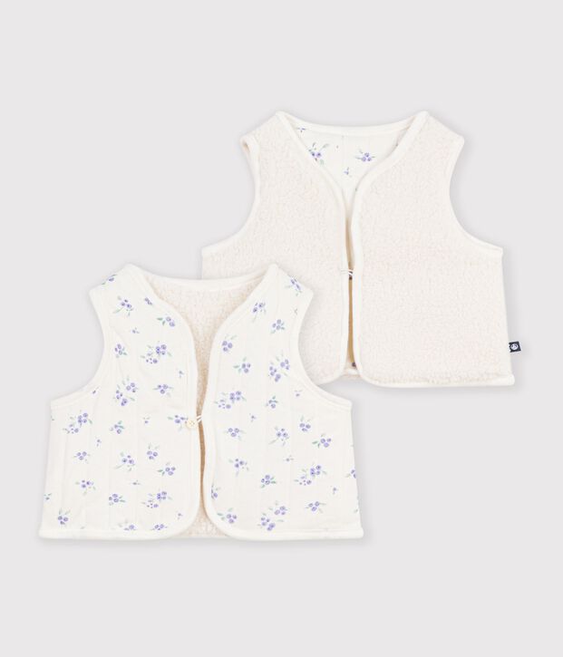 Gilet senza maniche in misto cotone e sherpa con stampa a fiori neonata ecru/multicolore