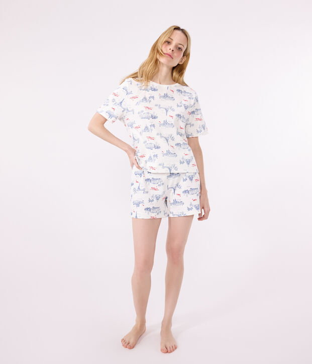 Pigiama corto in cotone stampato Parigi donna bianco/multicolore