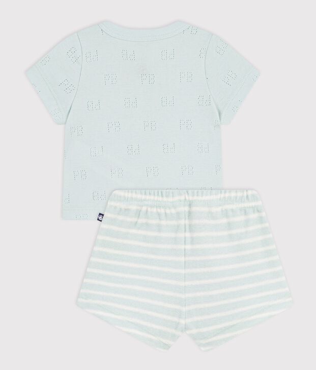 Set corto 2 pezzi in cotone con pantaloni a righe neonato blu/ecru