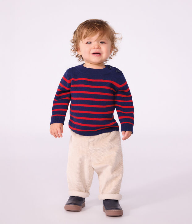 Maglione in stile marinaro in misto lana e cotone a righe neonato blu/rosso