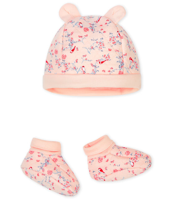 Confezione cuffietta e babbucce bebè in tubique rosa FLEUR/bianco MULTICO