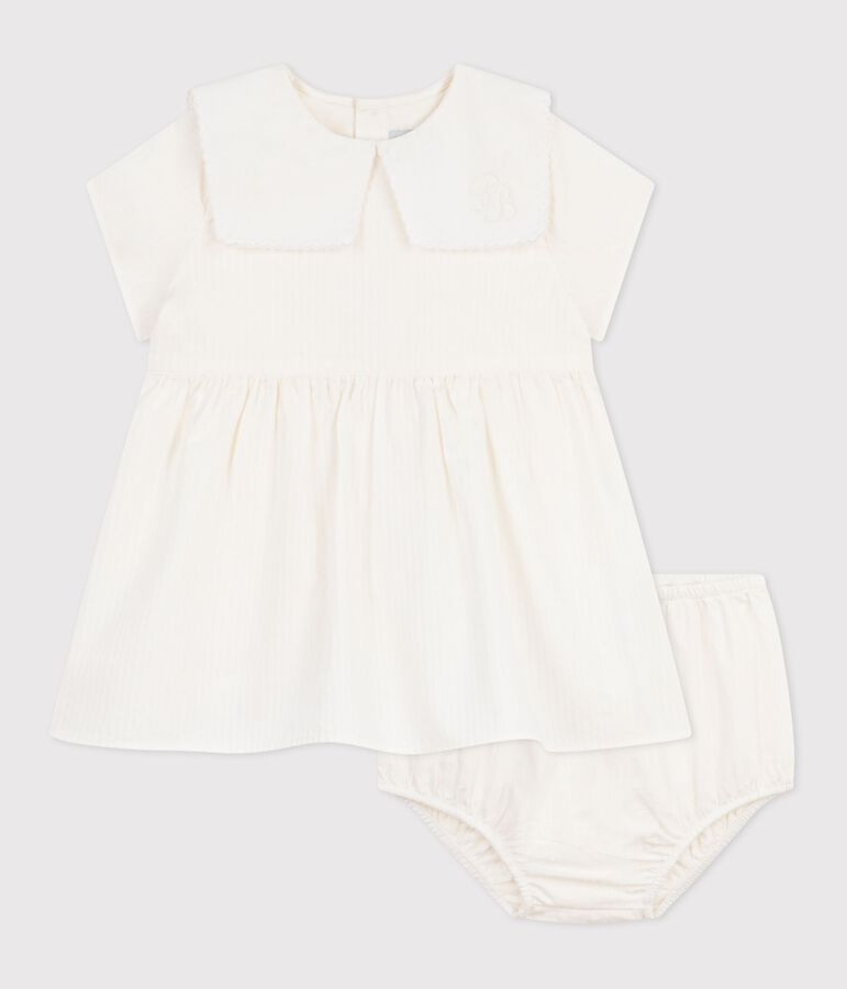 Abito a maniche corte in misto cotone/lino e bloomer coordinato neonata bianco MARSHMALLOW