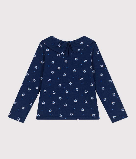 T-shirt bambina a maniche lunghe in cotone a fiori blu MEDIEVAL/bianco MULTICO