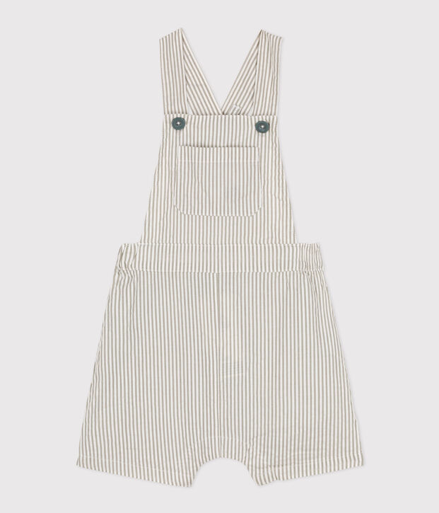 Salopette corta beb&egrave; in seersucker verde/bianco