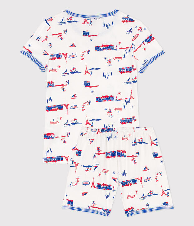 Pigiama corto fantasia Parigi bambina in cotone bianco/multicolore