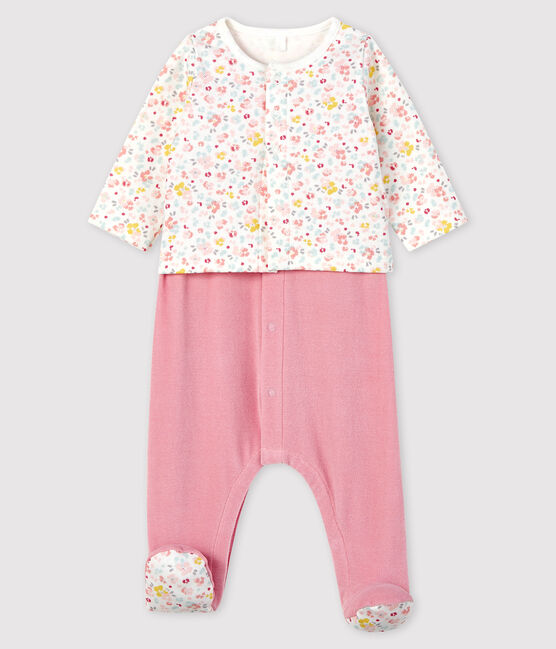Completo 2 pezzi fiori rosa neonato in velluto rosa CHARME/bianco MULTICO