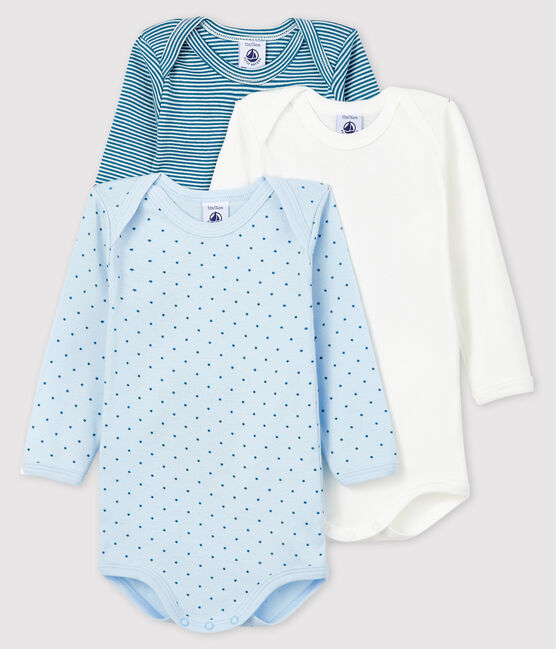 Confezione da 3 body a maniche lunghe blu bebè femmina in cotone variante 1