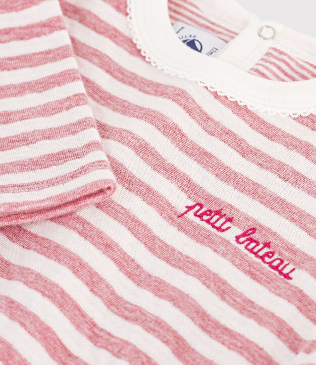T-shirt a maniche lunghe in cotone a righe neonato. rosa/ecru