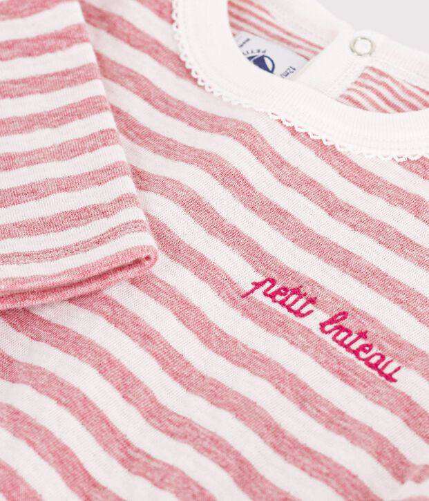 T-shirt a maniche lunghe in cotone a righe neonato. rosa/ecru