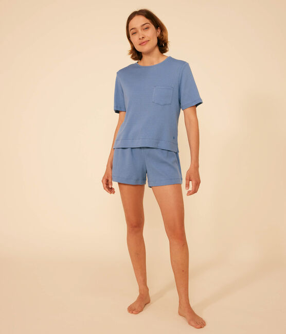 Pigiama donna con pantaloncini e t-shirt in cotone traforato tinta unita blu BEACH
