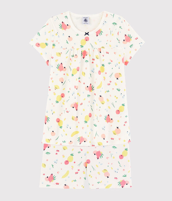 Pigiama corto fantasia frutta estiva bambina in cotone biologico bianco MARSHMALLOW/bianco MULTICO