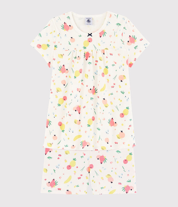 Pigiama corto fantasia frutta estiva bambina in cotone biologico bianco/multicolore