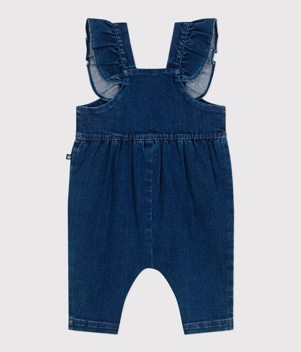 Salopette lunga in denim ed elastan con volant neonata blu