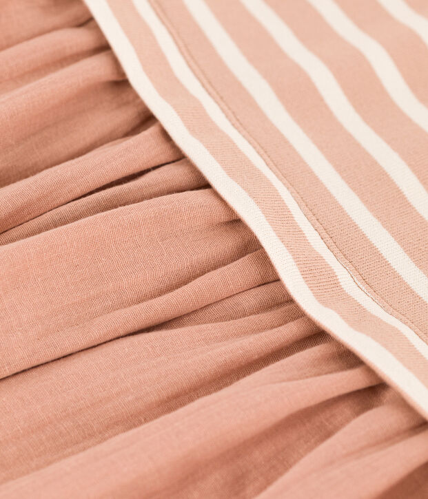 Abito bambina a maniche corte in bi-materiale a righe beige/ecru