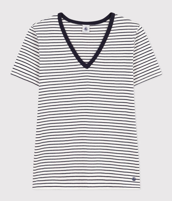 T-shirt L'Iconique scollo a V in cotone a righe donna bianco MARSHMALLOW/blu SMOKING