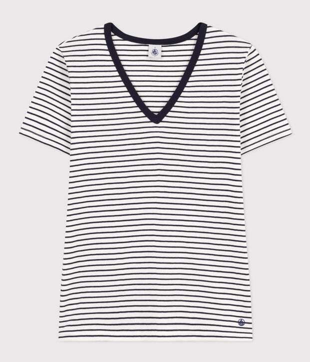T-shirt L'Iconique scollo a V in cotone a righe donna bianco/blu
