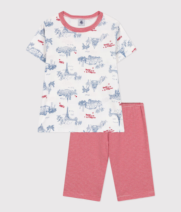 Pigiama con shorts di lunghezza media in cotone con stampa Parigi bambino bianco/multicolore