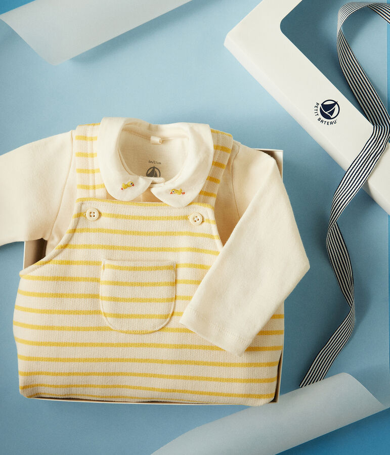 Set completo di salopette e body in cotone per neonato ecru/giallo