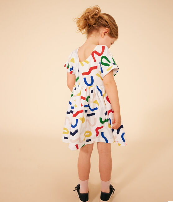 Abito a maniche corte fantasia in cotone bambina bianco MARSHMALLOW/bianco MULTICO