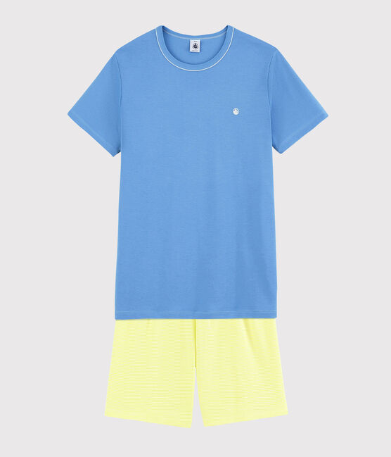 Pigiama corto blu e giallo unisex a costine blu EDNA/ecru MULTICO