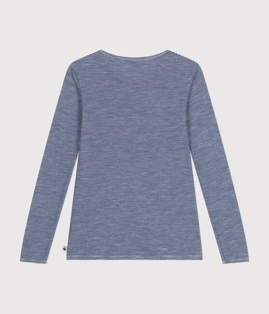 T-shirt a maniche lunghe in misto lana e cotone a righe donna blu MEDIEVAL/bianco MARSHMALLOW