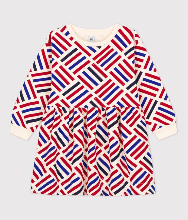 Abito bambina a maniche lunghe in tessuto felpato stampato ecru/multicolore