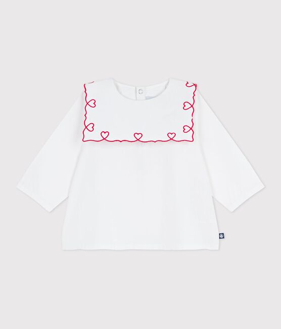 Blusa a maniche lunghe in popeline di cotone con ricamo a cuori neonata bianco ECUME