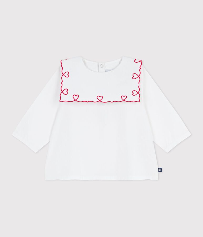 Blusa a maniche lunghe in popeline di cotone con ricamo a cuori neonata bianco