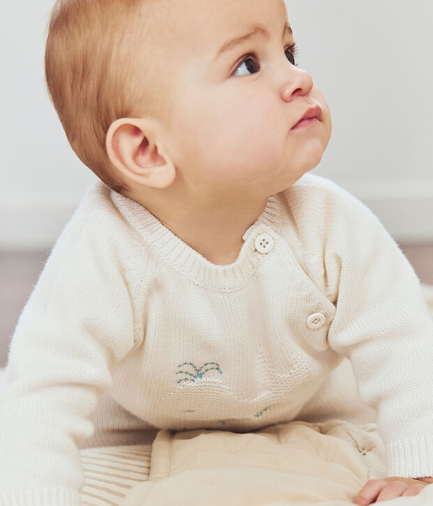Completo 2 pezzi in maglia di lana e cotone con motivo balena neonato bianco