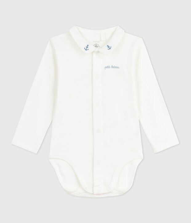 Body con colletto ricamato e scritta sul petto neonato bianco/blu