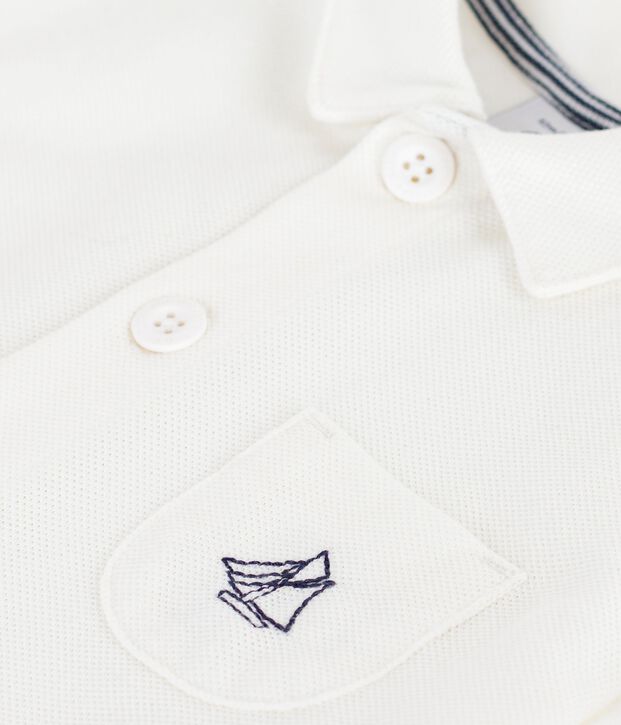 Tutina corta con colletto a polo in cotone tinta unita neonato bianco
