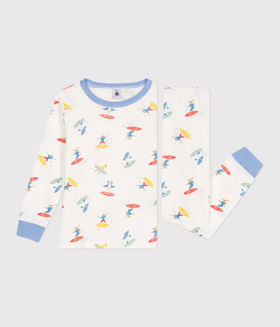 Pigiama a maniche lunghe in cotone con surfisti stampati bambino bianco MARSHMALLOW/bianco MULTICO