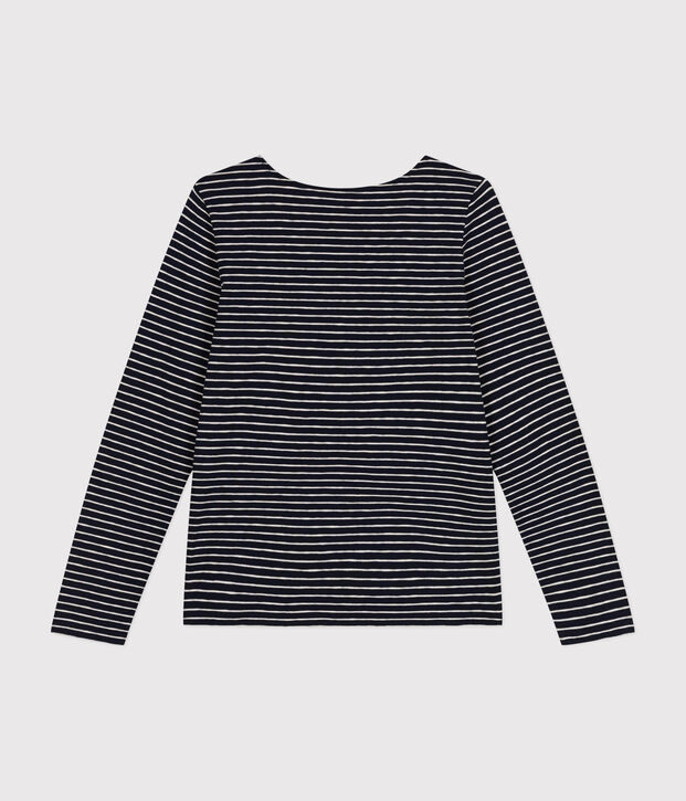 T-shirt Regular a maniche lunghe con scollo rotondo in jersey flamm&eacute; donna blu/beige