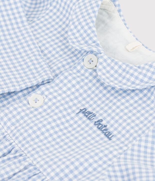 Tutina corta in cotone con colletto con stampa a quadretti vichy neonato blu/bianco