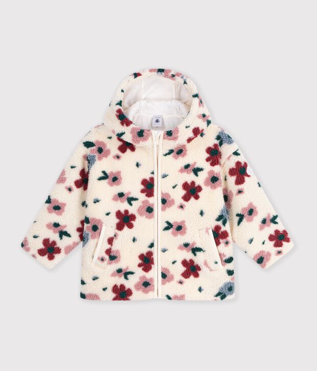 Giacca con cappuccio in sherpa a fiori bambina ecru/multicolore
