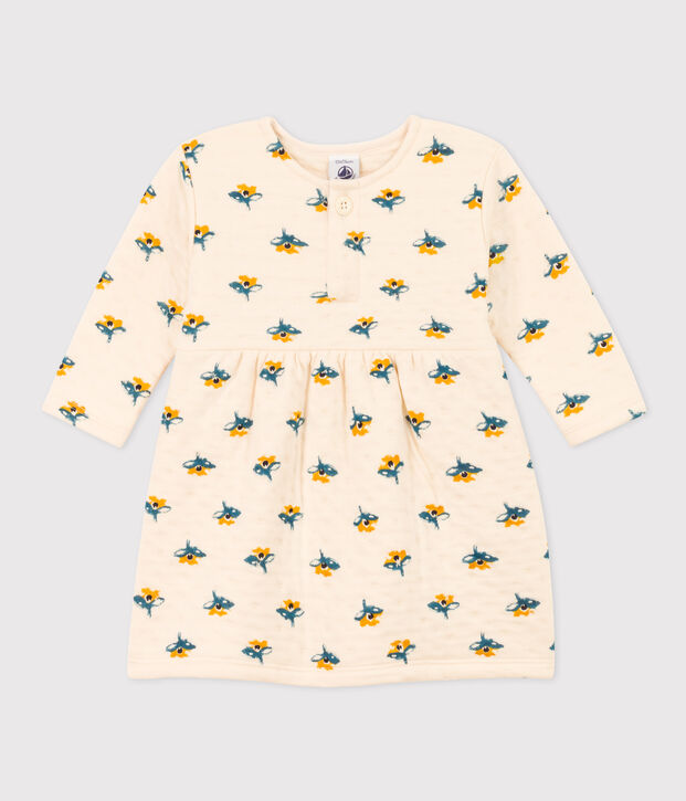Abito a maniche lunghe in tubique trapuntato con stampa per beb&egrave; ecru/multicolore