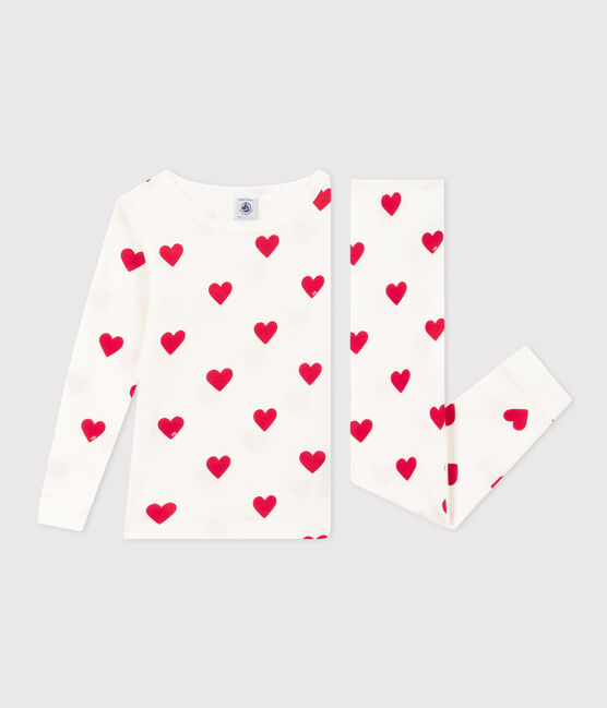 Pigiama bambina in cotone aderente a cuori bianco MARSHMALLOW/rosso TERKUIT