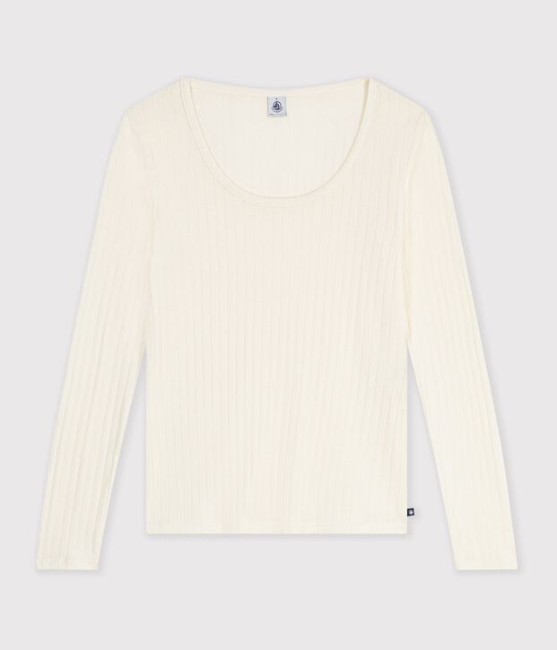 T-shirt con ampio scollo arrotondato in misto lana e cotone tinta unita donna MILK