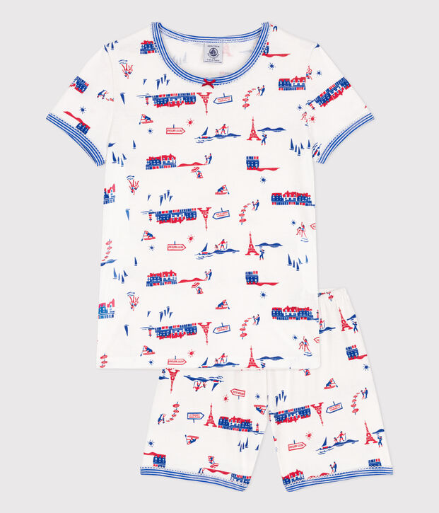 Pigiama corto fantasia Parigi bambina in cotone bianco/multicolore