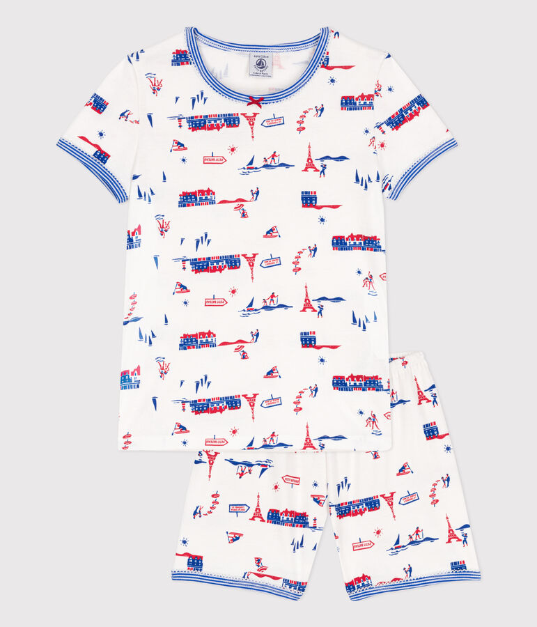 Pigiama corto fantasia Parigi bambina in cotone bianco MARSHMALLOW/bianco MULTICO