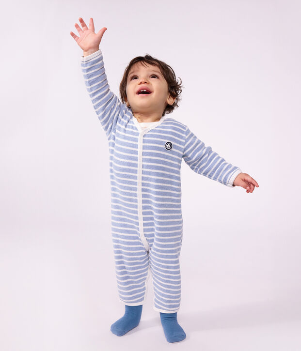 Pigiama senza piedini in spugna di cotone a righe neonato blu/ecru