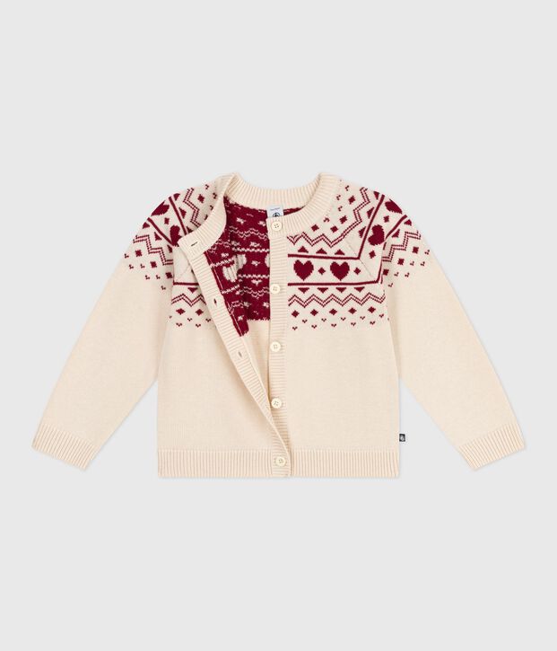 Cardigan in misto lana e cotone con motivo jacquard bambina ecru/rosso