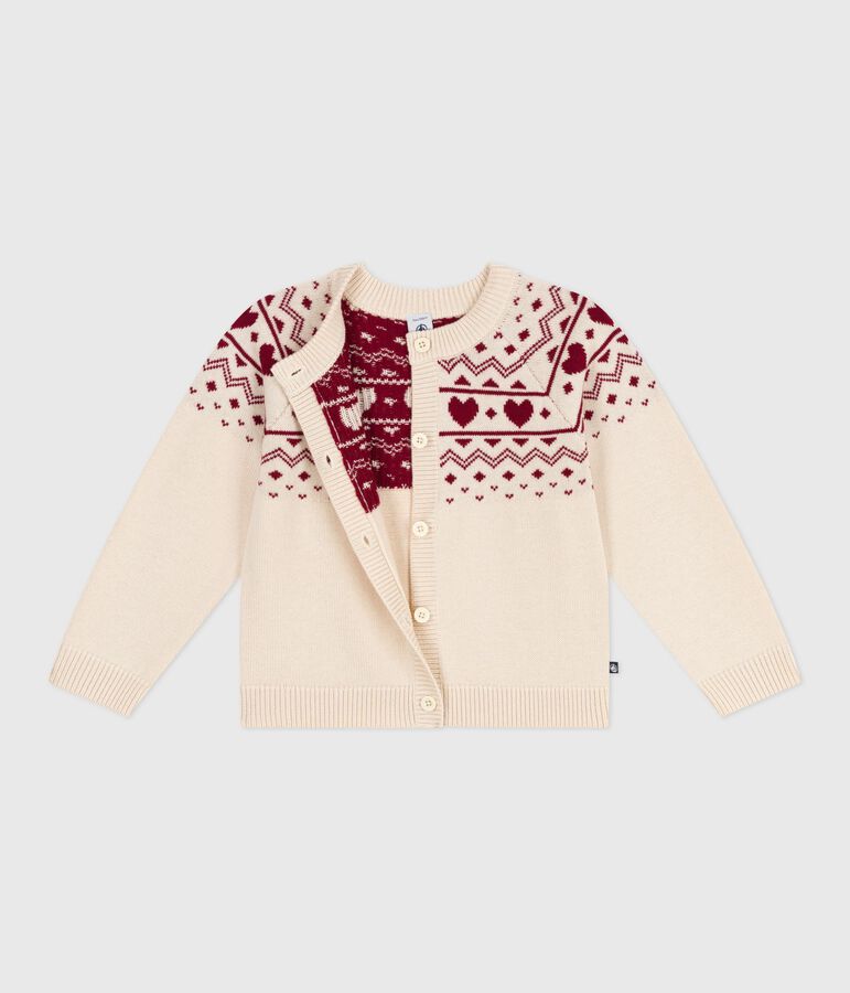 Cardigan in misto lana e cotone con motivo jacquard bambina ecru/rosso