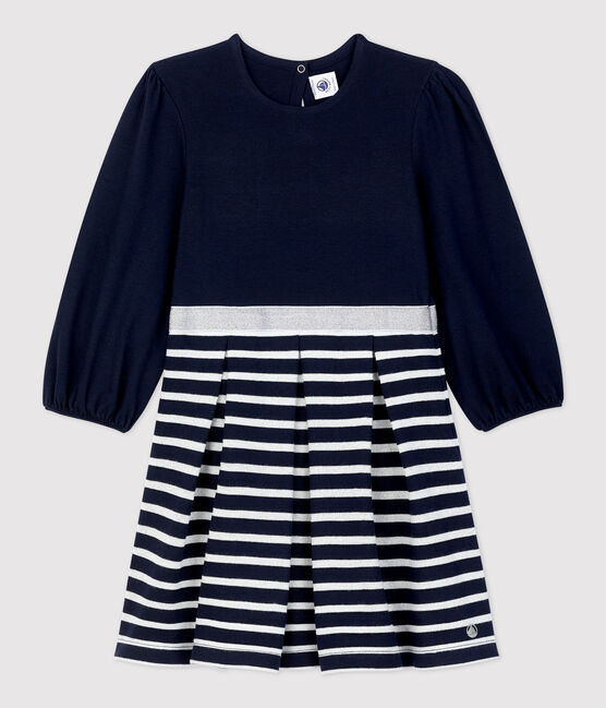 Abito bambina  a maniche lunghe in cotone blu SMOKING/ MARSHMALLOW ARGENT BRILLANT