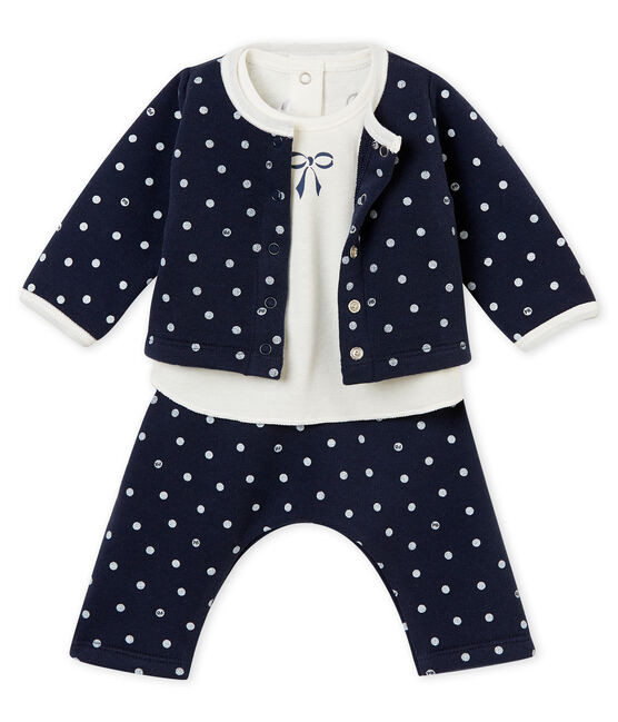 Coordinato tre pezzi bebé femmina a pois blu SMOKING/bianco MARSHMALLOW