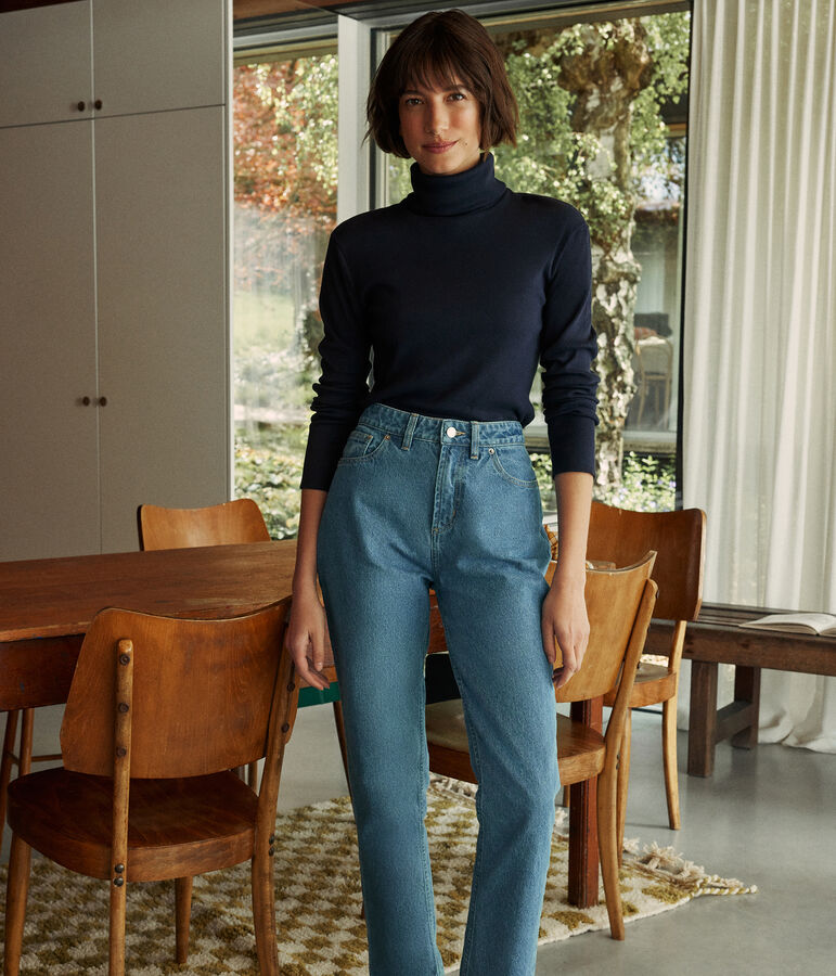 T-shirt L'Iconique donna in costa 2x2 con collo a lupetto blu