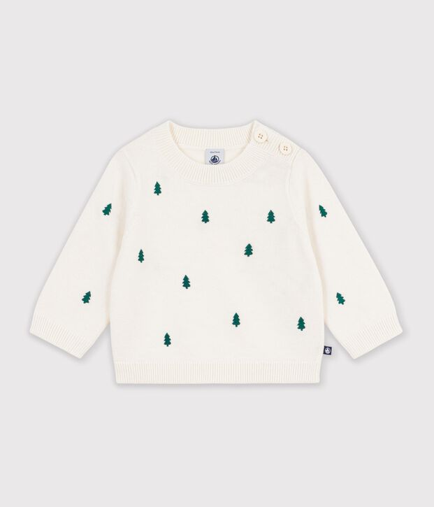 Maglione in misto lana e cotone con abeti ricamati neonato ecru/verde