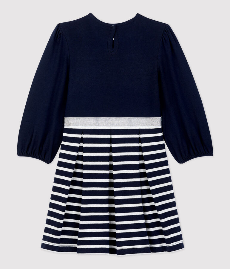 Abito bambina  a maniche lunghe in cotone blu SMOKING/ MARSHMALLOW ARGENT BRILLANT